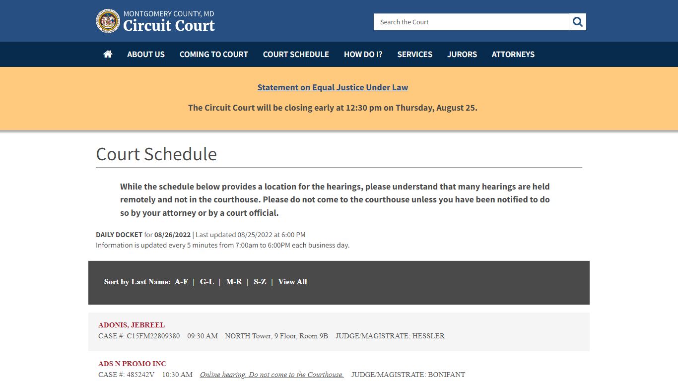 Court Schedule - Montgomery County, MD Circuit Court